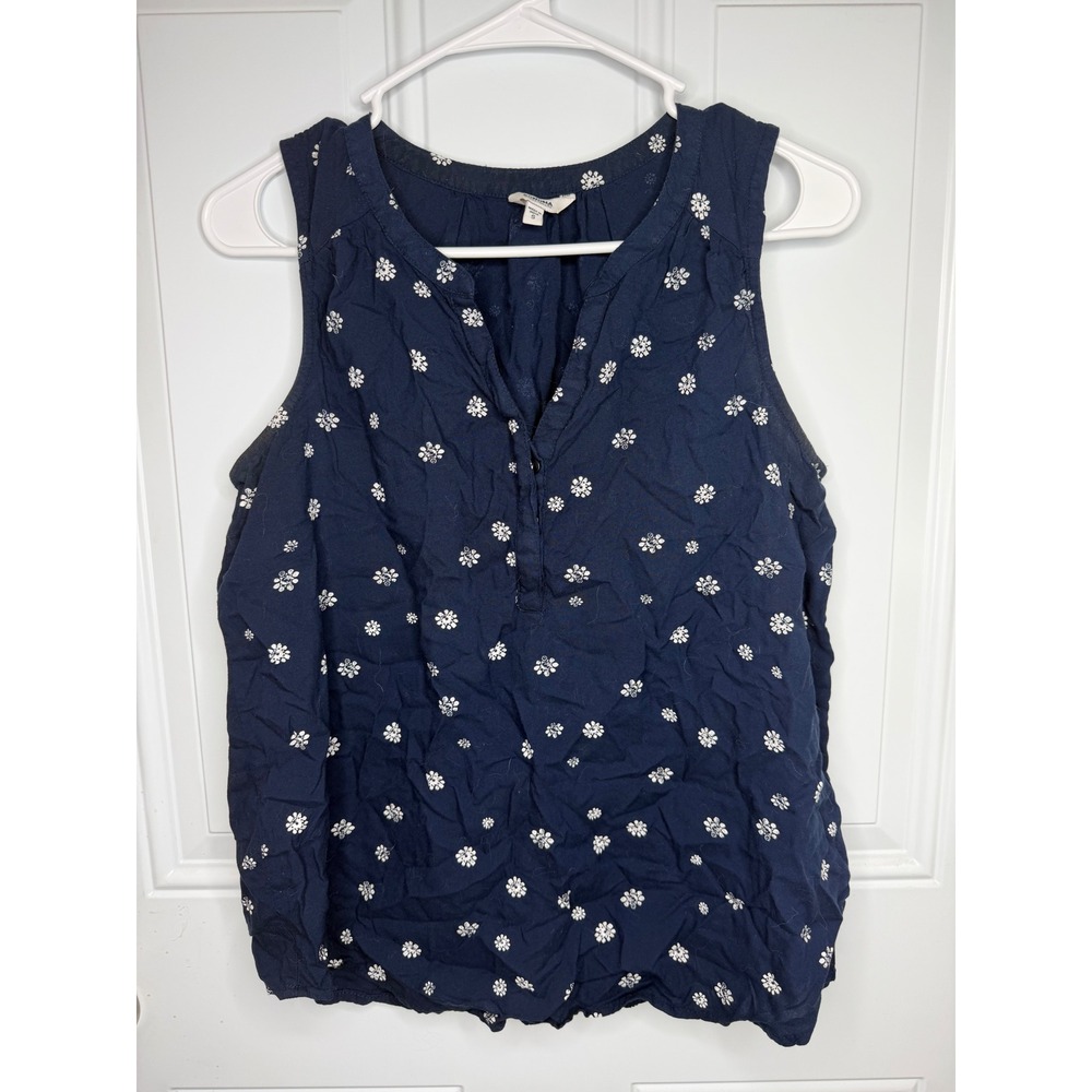 Sonoma Goods For Life Womens Navy Blue Floral Sleeveless Henley Blouse Small